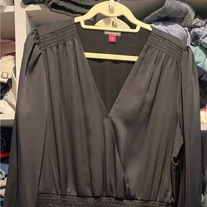 Vince Camuto, black satin dress size large elastic waist, elastic trim at wrists